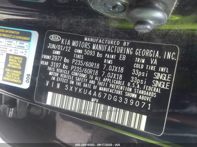 Photo 8 VIN: 5XYKU4A67DG339071 - KIA SORENTO 