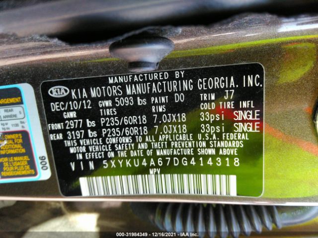 Photo 8 VIN: 5XYKU4A67DG414318 - KIA SORENTO 