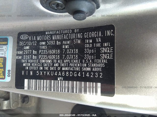 Photo 8 VIN: 5XYKU4A68DG414232 - KIA SORENTO 