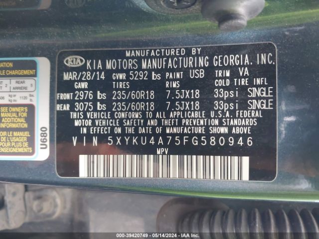 Photo 8 VIN: 5XYKU4A75FG580946 - KIA SORENTO 