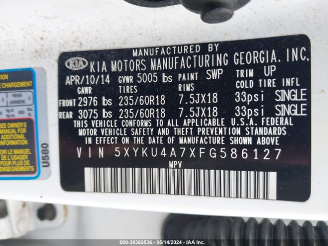 Photo 8 VIN: 5XYKU4A7XFG586127 - KIA SORENTO 