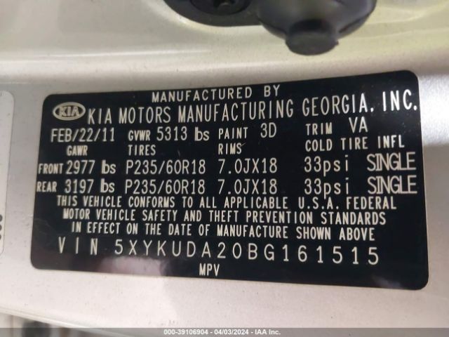 Photo 8 VIN: 5XYKUDA20BG161515 - KIA SORENTO 