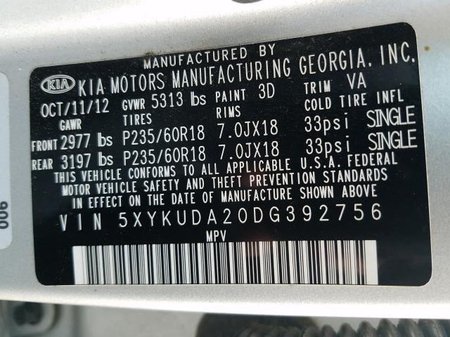 Photo 9 VIN: 5XYKUDA20DG392756 - KIA SORENTO EX 