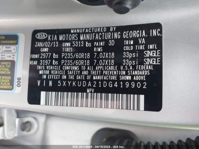 Photo 8 VIN: 5XYKUDA21DG419902 - KIA SORENTO 