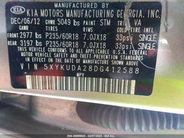 Photo 8 VIN: 5XYKUDA28DG412588 - KIA SORENTO 