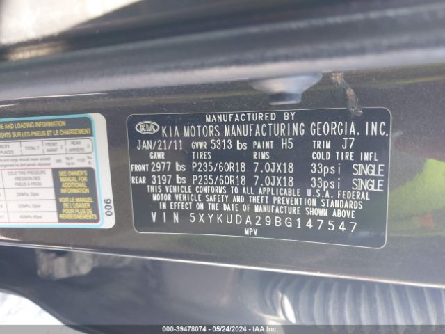 Photo 8 VIN: 5XYKUDA29BG147547 - KIA SORENTO 