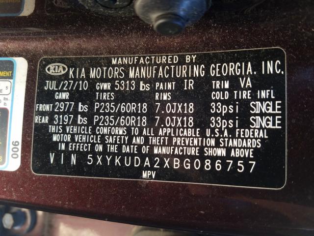 Photo 9 VIN: 5XYKUDA2XBG086757 - KIA SORENTO EX 