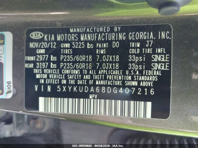 Photo 8 VIN: 5XYKUDA68DG407216 - KIA SORENTO 