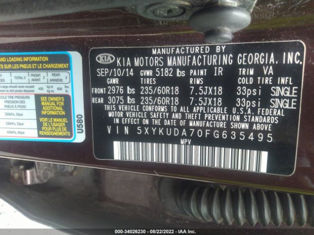 Photo 8 VIN: 5XYKUDA70FG635495 - KIA SORENTO 