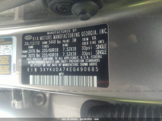 Photo 8 VIN: 5XYKUDA74EG490685 - KIA SORENTO 