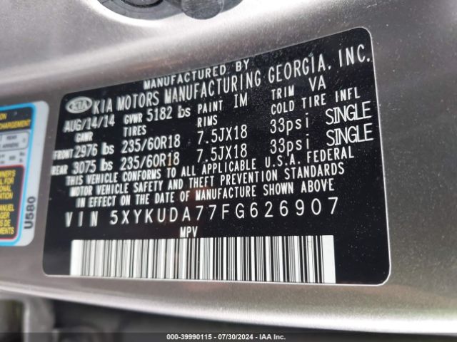 Photo 8 VIN: 5XYKUDA77FG626907 - KIA SORENTO 