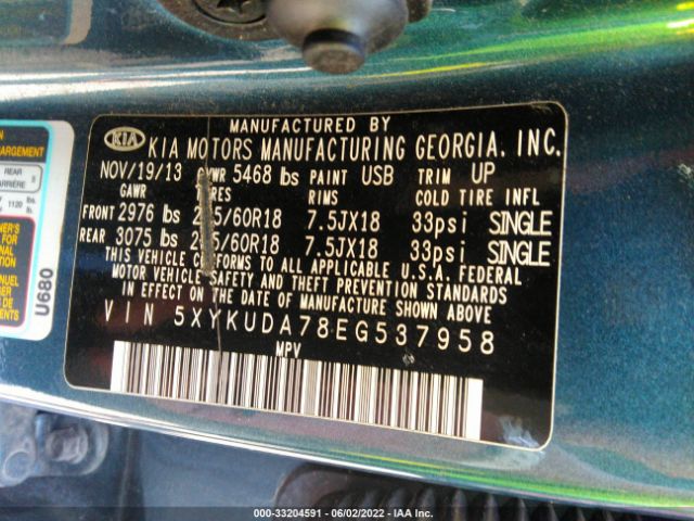 Photo 8 VIN: 5XYKUDA78EG537958 - KIA SORENTO 