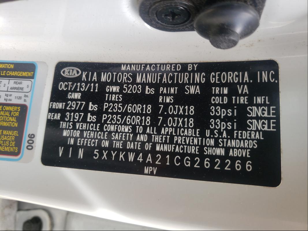 Photo 9 VIN: 5XYKW4A21CG262266 - KIA SORENTO SX 