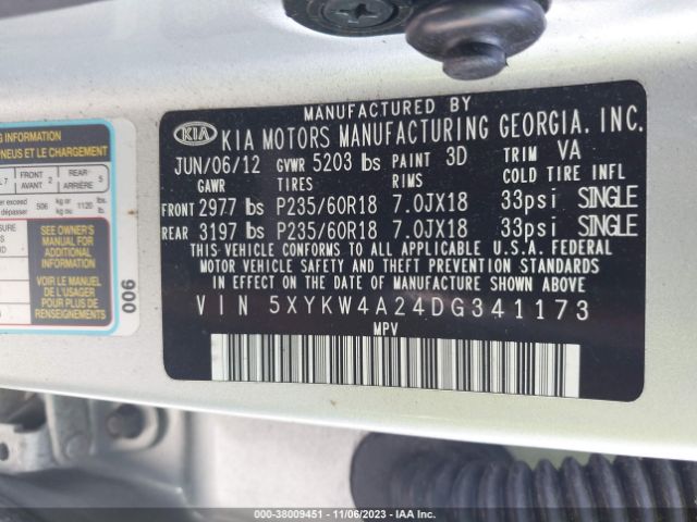 Photo 8 VIN: 5XYKW4A24DG341173 - KIA SORENTO 