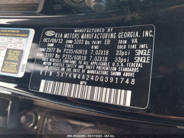 Photo 8 VIN: 5XYKW4A24DG391748 - KIA SORENTO 