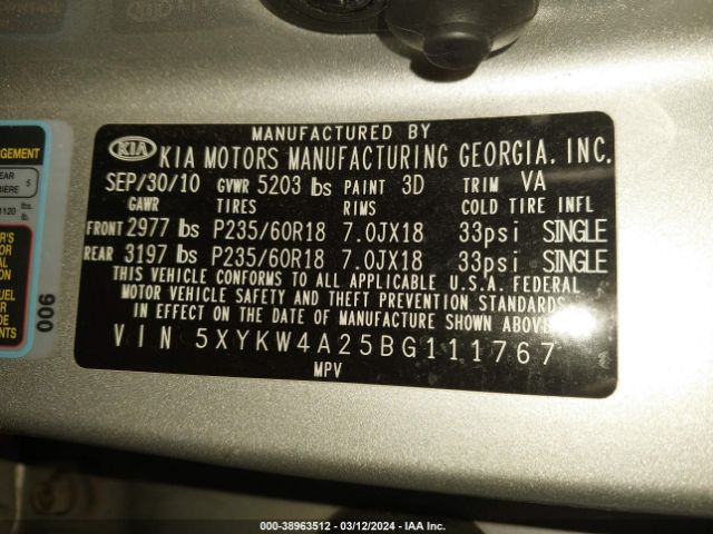 Photo 8 VIN: 5XYKW4A25BG111767 - KIA SORENTO 