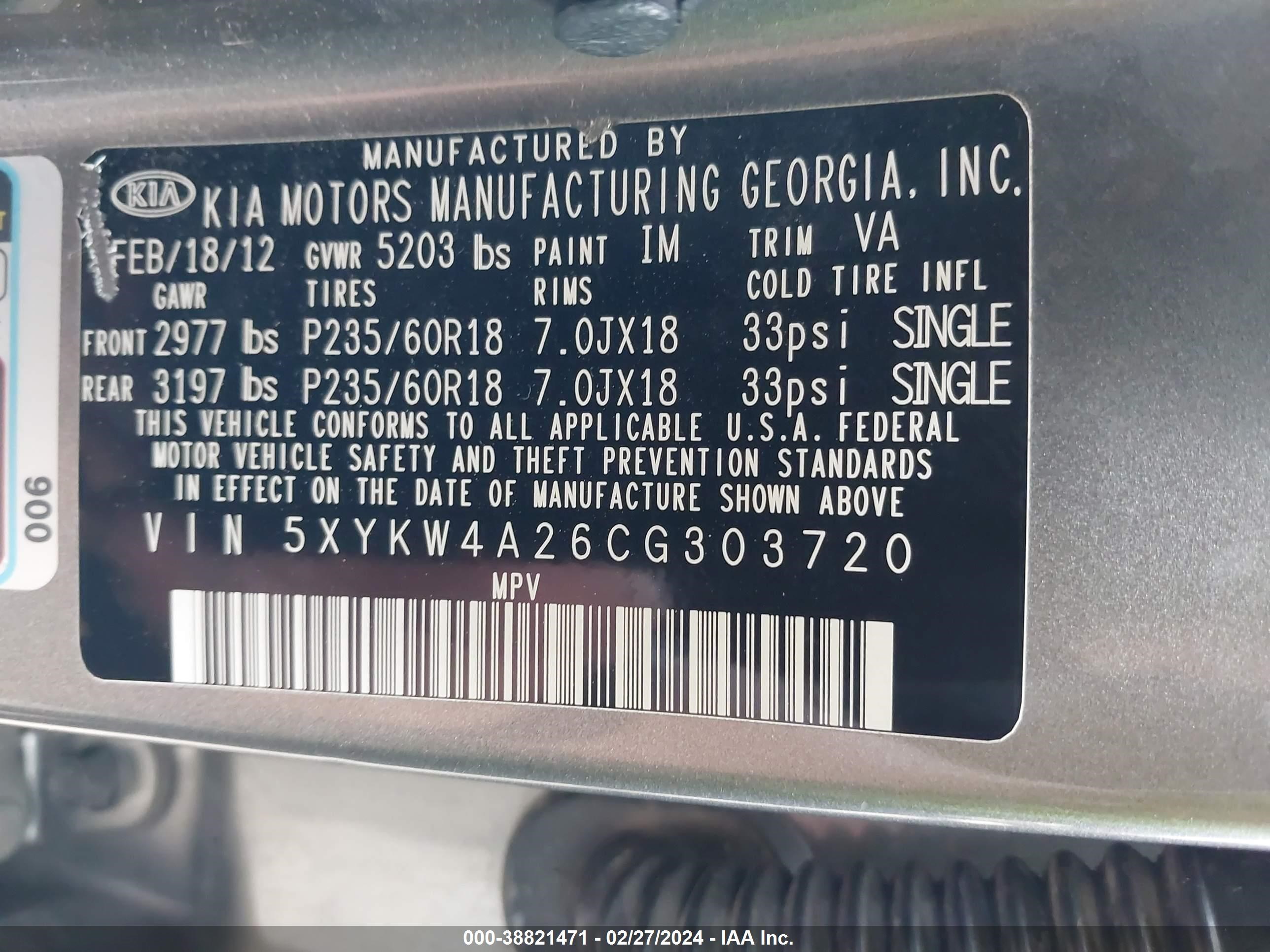 Photo 8 VIN: 5XYKW4A26CG303720 - KIA SORENTO 