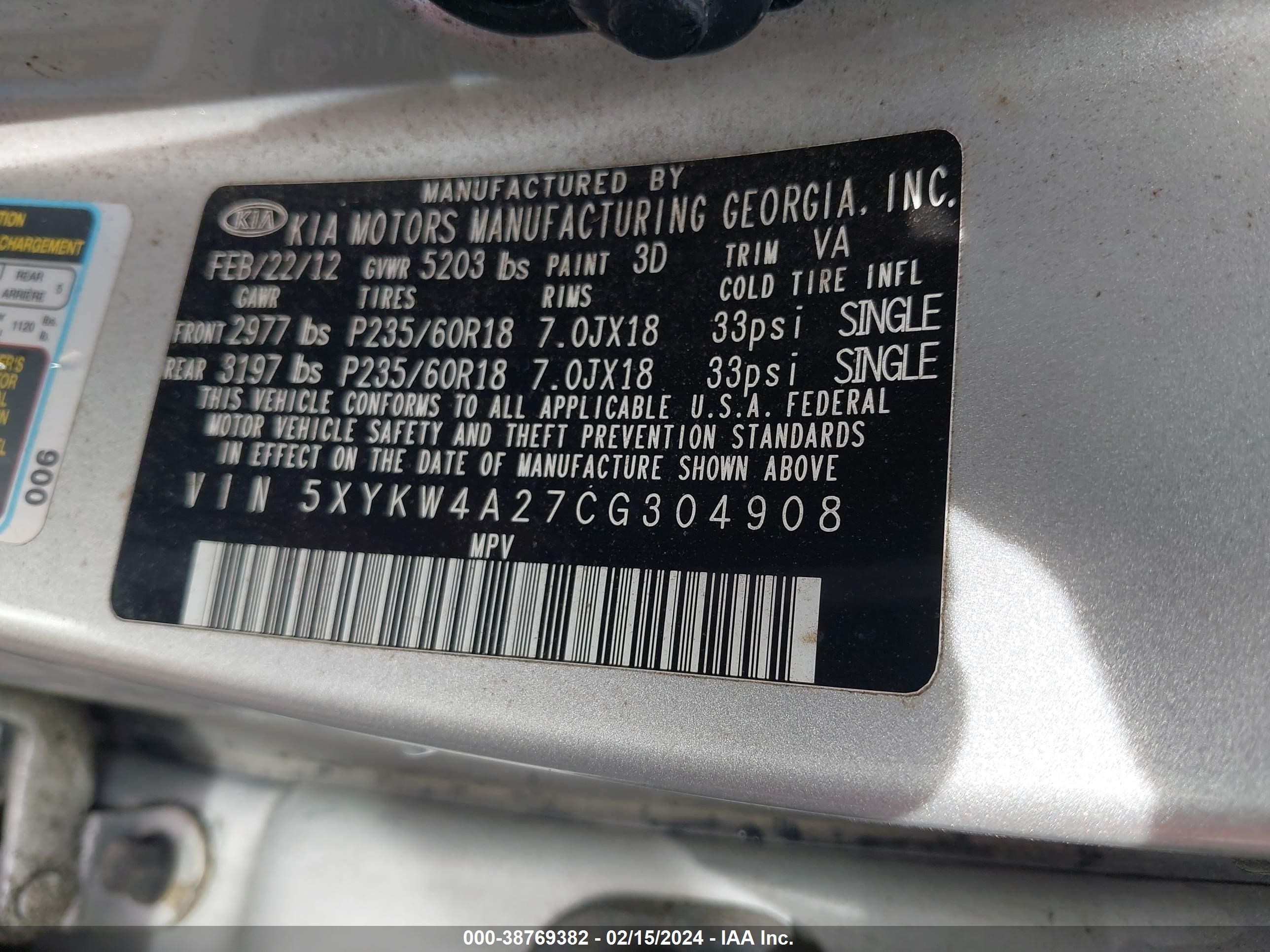 Photo 8 VIN: 5XYKW4A27CG304908 - KIA SORENTO 