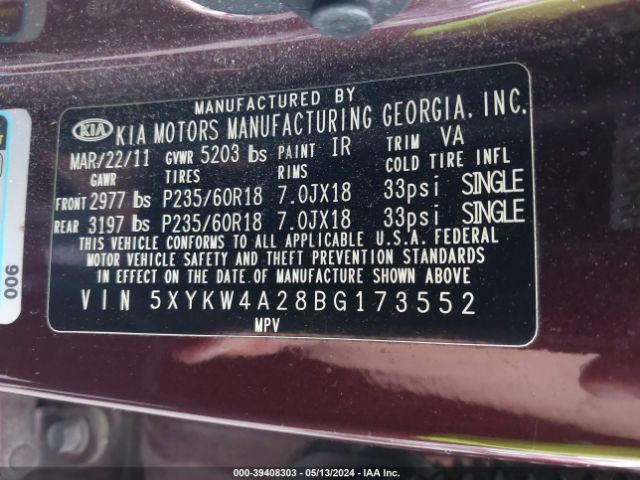 Photo 8 VIN: 5XYKW4A28BG173552 - KIA SORENTO 