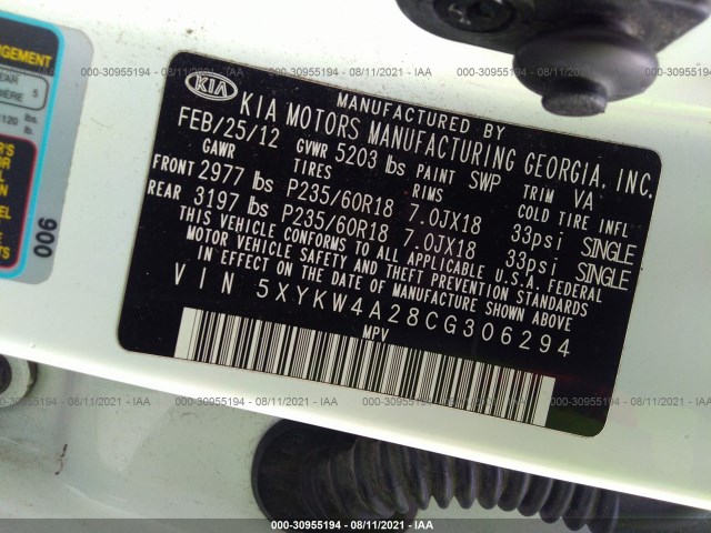 Photo 8 VIN: 5XYKW4A28CG306294 - KIA SORENTO 