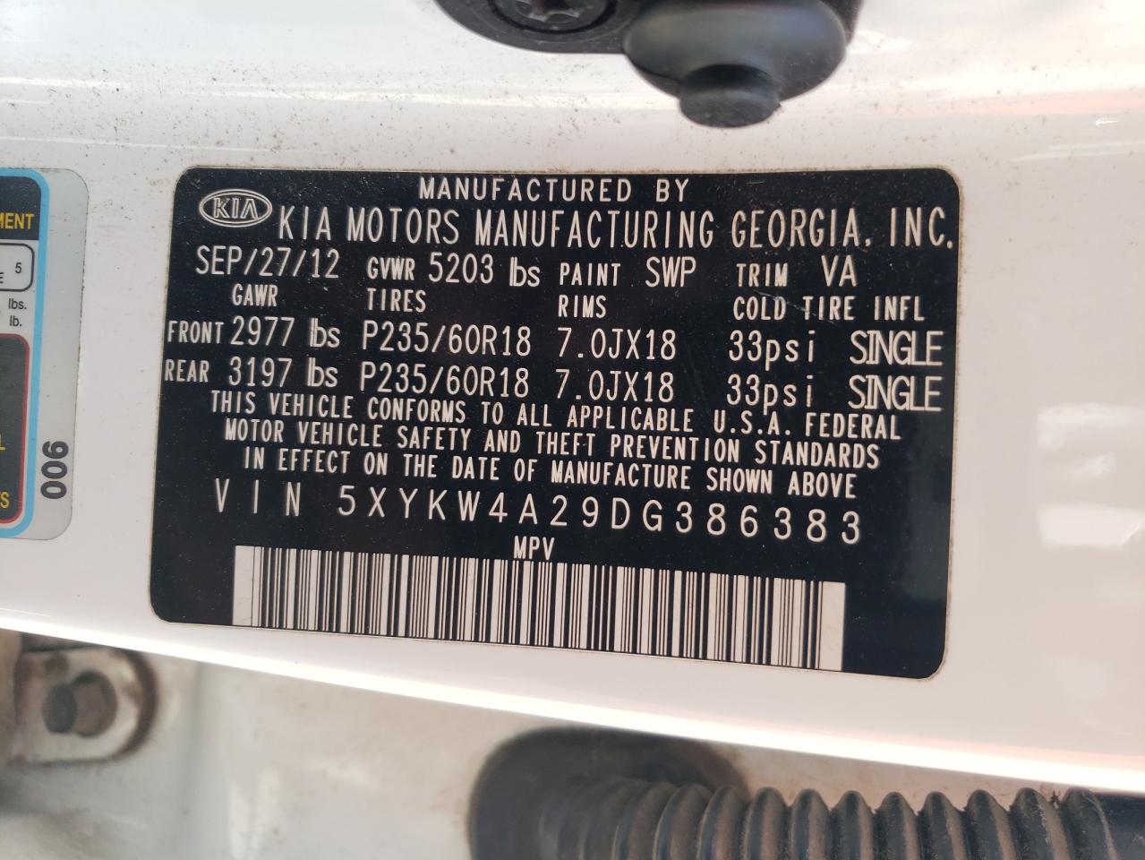 Photo 12 VIN: 5XYKW4A29DG386383 - KIA SORENTO 