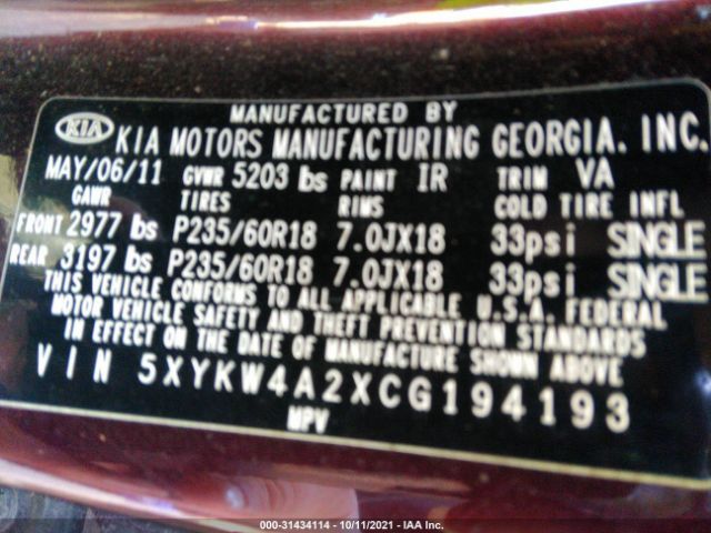 Photo 8 VIN: 5XYKW4A2XCG194193 - KIA SORENTO 