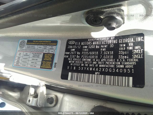 Photo 8 VIN: 5XYKW4A2XDG340951 - KIA SORENTO 