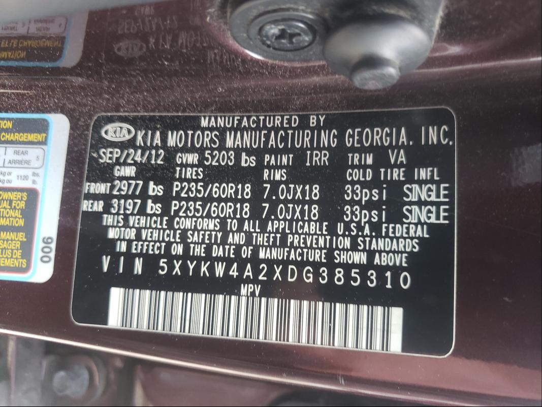 Photo 9 VIN: 5XYKW4A2XDG385310 - KIA SORENTO SX 