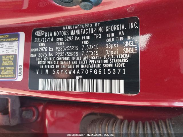 Photo 8 VIN: 5XYKW4A70FG615371 - KIA SORENTO 