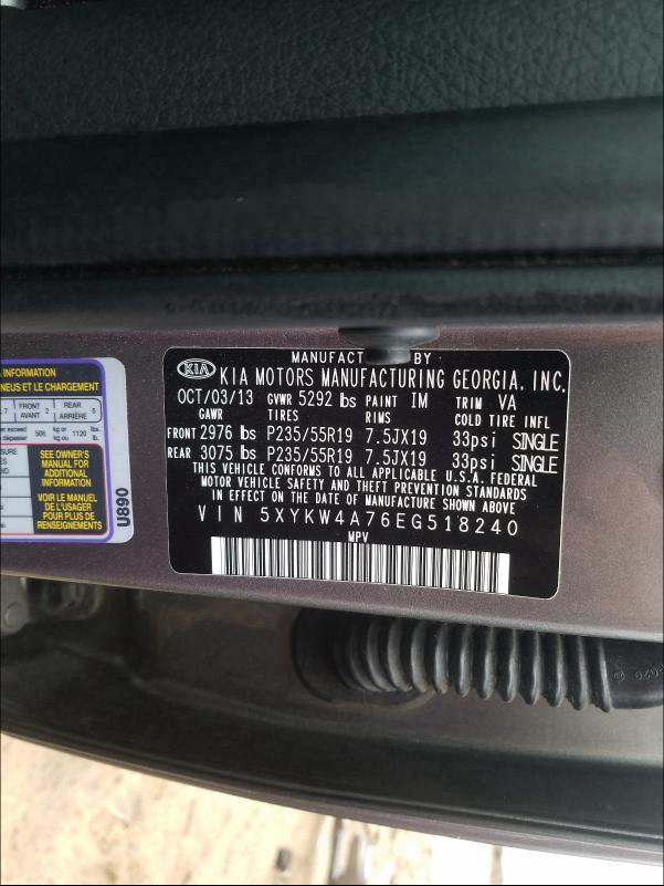 Photo 9 VIN: 5XYKW4A76EG518240 - KIA SORENTO SX 