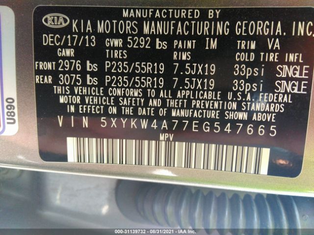 Photo 8 VIN: 5XYKW4A77EG547665 - KIA SORENTO 