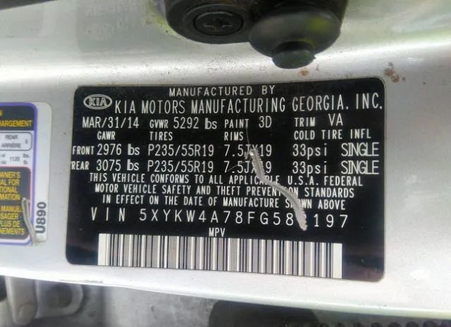 Photo 8 VIN: 5XYKW4A78FG582197 - KIA SORENTO 