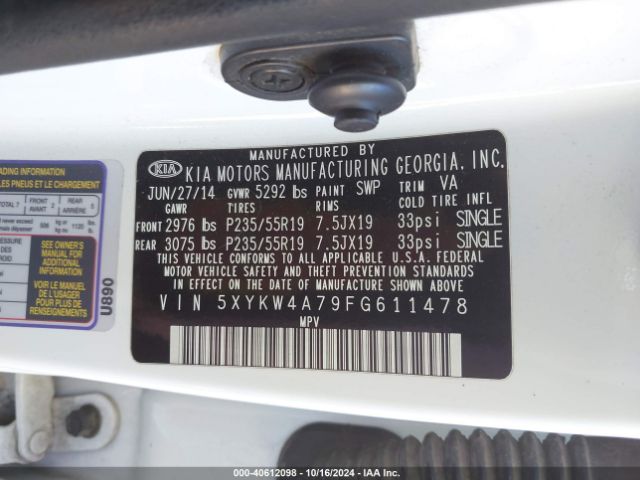 Photo 8 VIN: 5XYKW4A79FG611478 - KIA SORENTO 