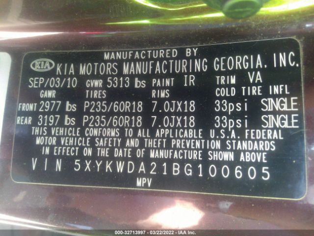 Photo 8 VIN: 5XYKWDA21BG100605 - KIA SORENTO 