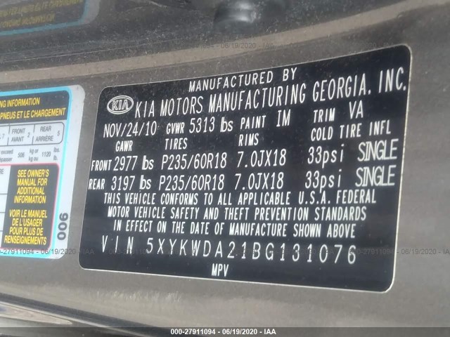 Photo 8 VIN: 5XYKWDA21BG131076 - KIA SORENTO 