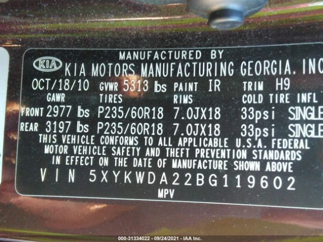 Photo 8 VIN: 5XYKWDA22BG119602 - KIA SORENTO 