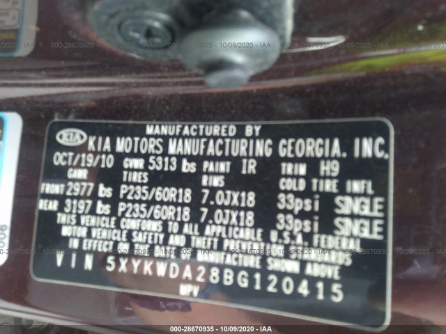 Photo 8 VIN: 5XYKWDA28BG120415 - KIA SORENTO 