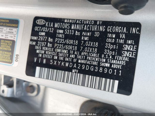 Photo 8 VIN: 5XYKWDA29DG389011 - KIA SORENTO 