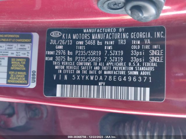 Photo 8 VIN: 5XYKWDA78EG496371 - KIA SORENTO 