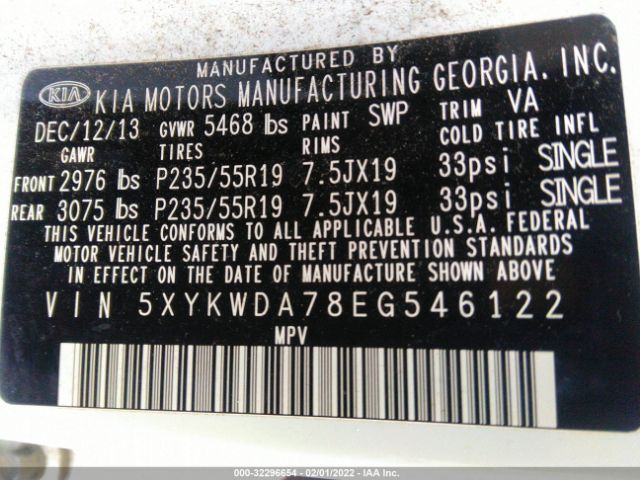 Photo 8 VIN: 5XYKWDA78EG546122 - KIA SORENTO 