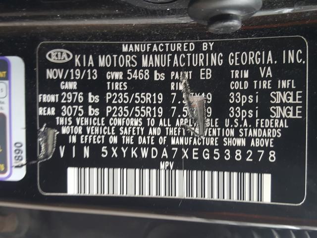 Photo 9 VIN: 5XYKWDA7XEG538278 - KIA SORENTO SX 