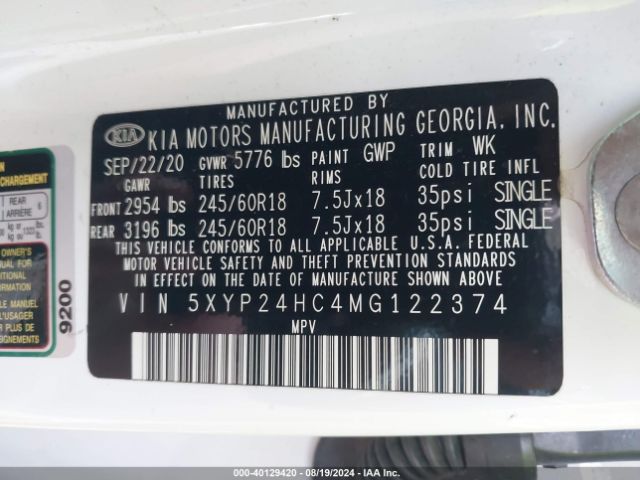 Photo 8 VIN: 5XYP24HC4MG122374 - KIA TELLURIDE 