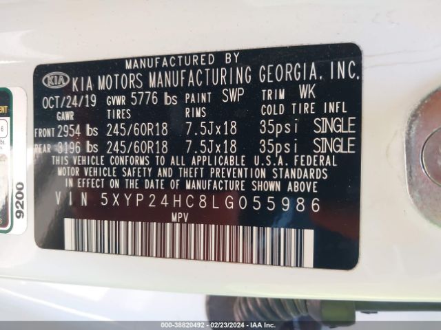 Photo 8 VIN: 5XYP24HC8LG055986 - KIA TELLURIDE 