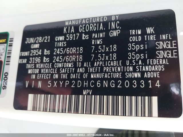 Photo 8 VIN: 5XYP2DHC6NG203314 - KIA TELLURIDE 