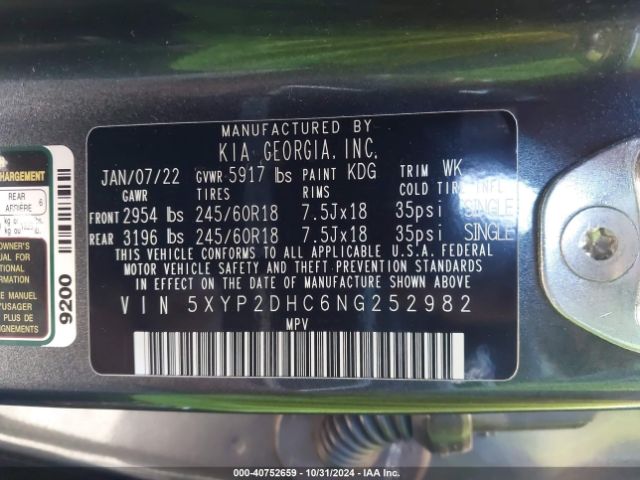 Photo 8 VIN: 5XYP2DHC6NG252982 - KIA TELLURIDE 