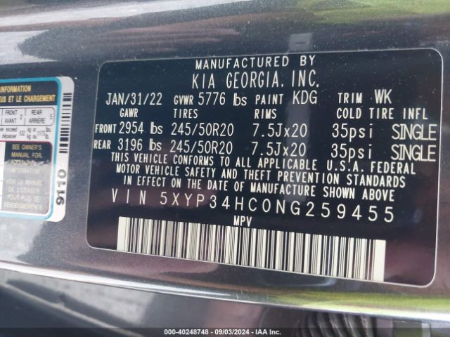 Photo 8 VIN: 5XYP34HC0NG259455 - KIA TELLURIDE 