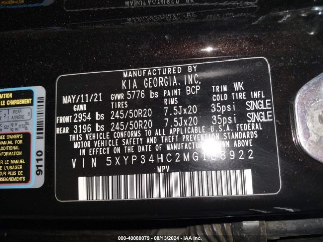 Photo 8 VIN: 5XYP34HC2MG188922 - KIA TELLURIDE 