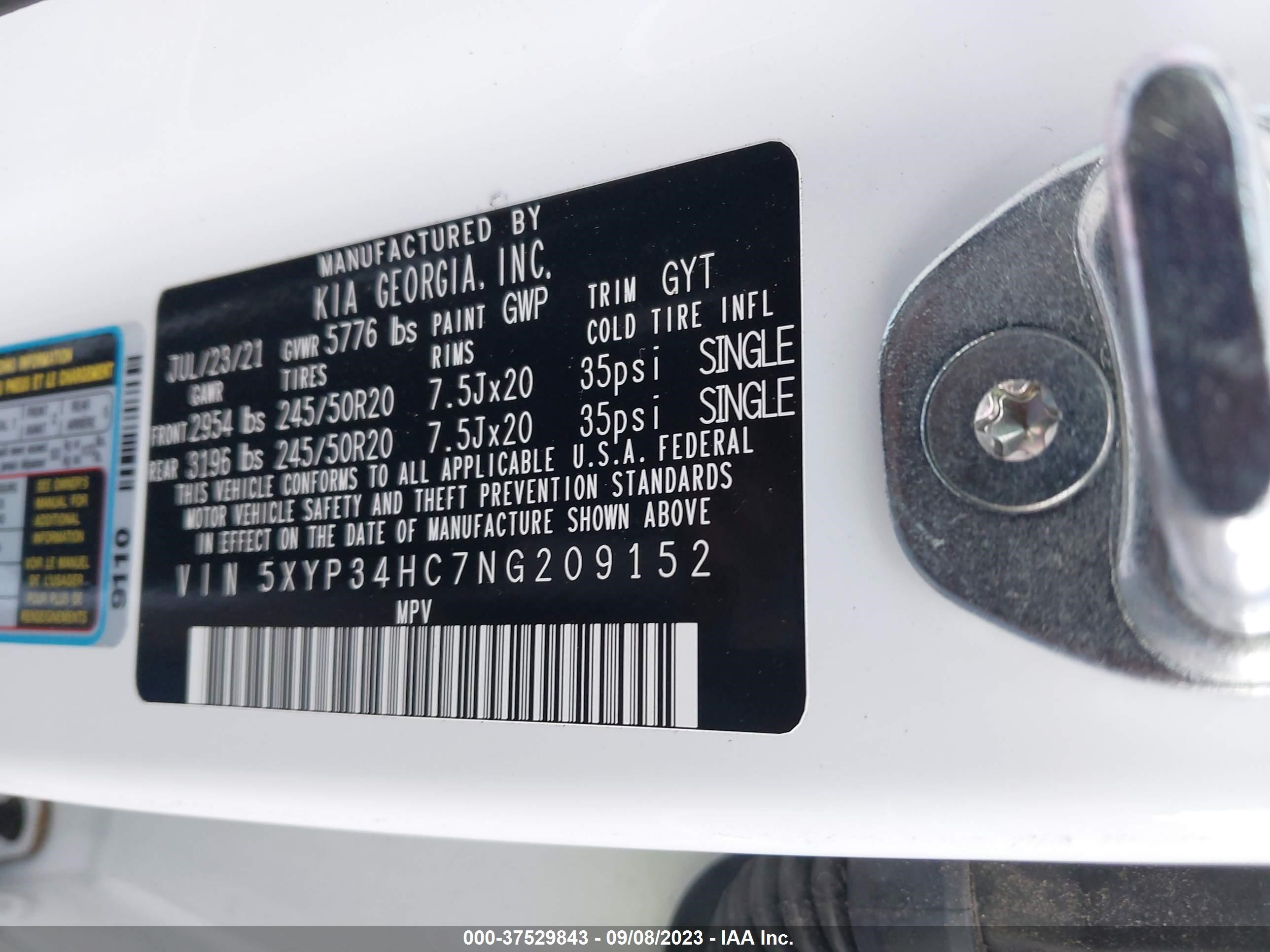 Photo 8 VIN: 5XYP34HC7NG209152 - KIA TELLURIDE 