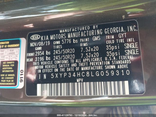 Photo 8 VIN: 5XYP34HC8LG059310 - KIA TELLURIDE 