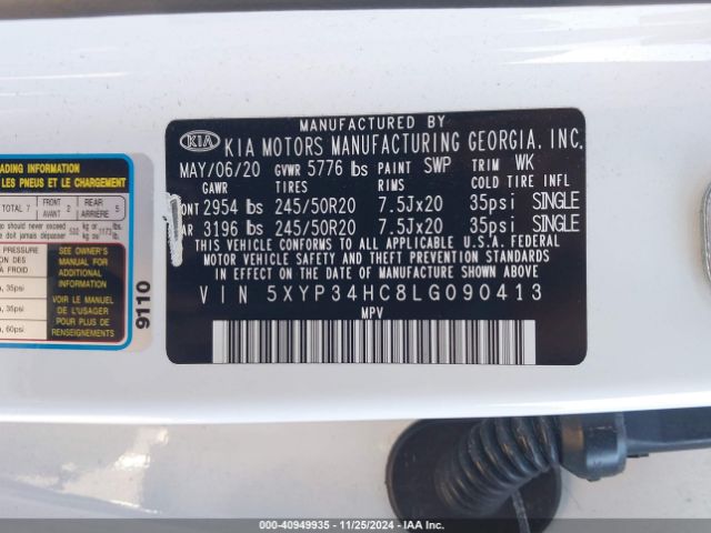 Photo 8 VIN: 5XYP34HC8LG090413 - KIA TELLURIDE 